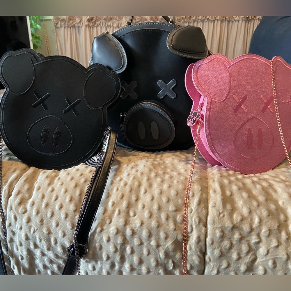 Black Pig faux leather backpack and 2 Pig Crossbody Bag - Black and Pink